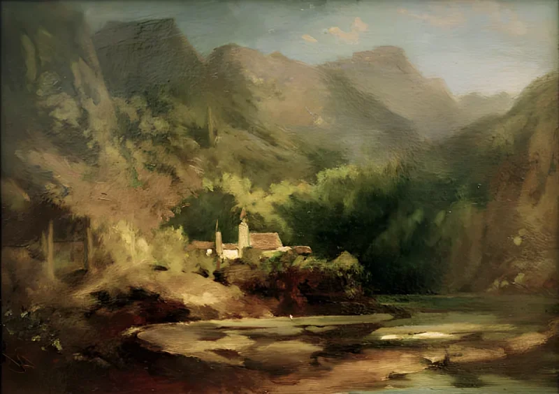 Carl Spitzweg | Landsby ved en sø - 1870 | Indrammet kunsttryk | Romantik | formida