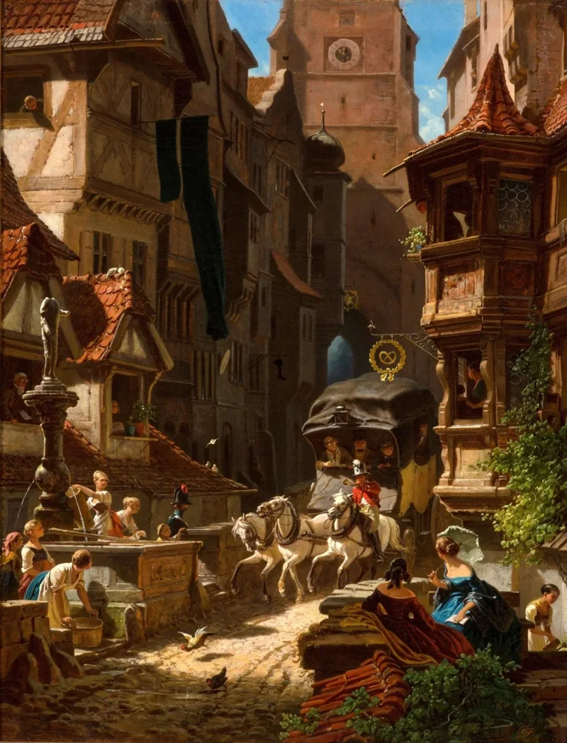Carl Spitzweg – Die Ankunft der Postkutsche 1859 | Giclée Kunstdruck gerahmt