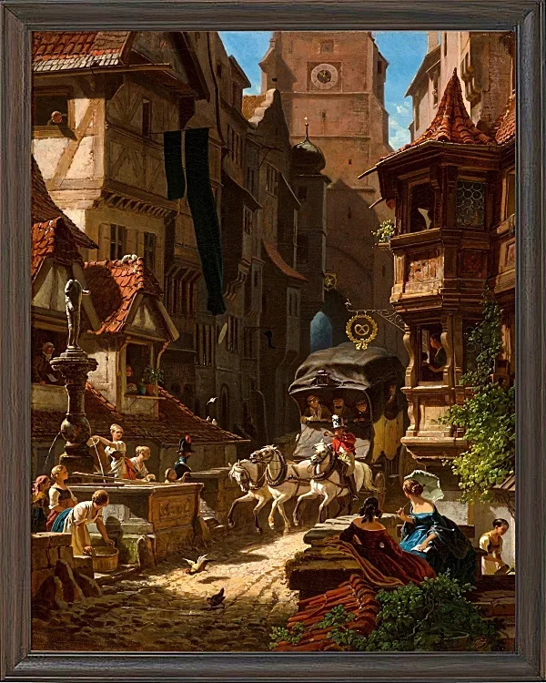 Carl Spitzweg – Die Ankunft der Postkutsche 1859 | Giclée Kunstdruck gerahmt