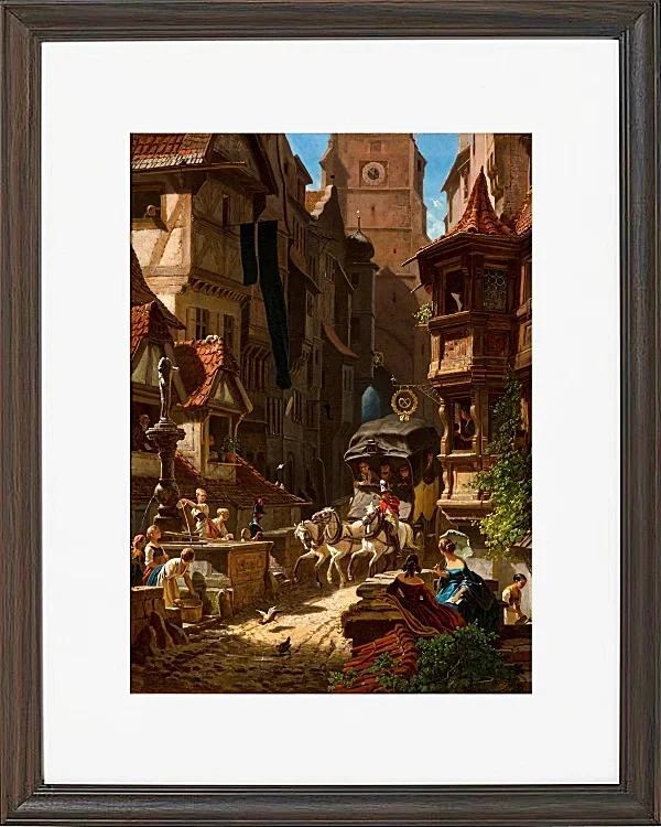 Carl Spitzweg – Die Ankunft der Postkutsche 1859 | Giclée Kunstdruck gerahmt