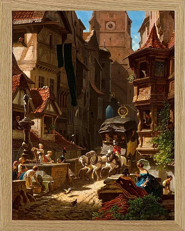 Carl Spitzweg – Die Ankunft der Postkutsche 1859 | Giclée Kunstdruck gerahmt