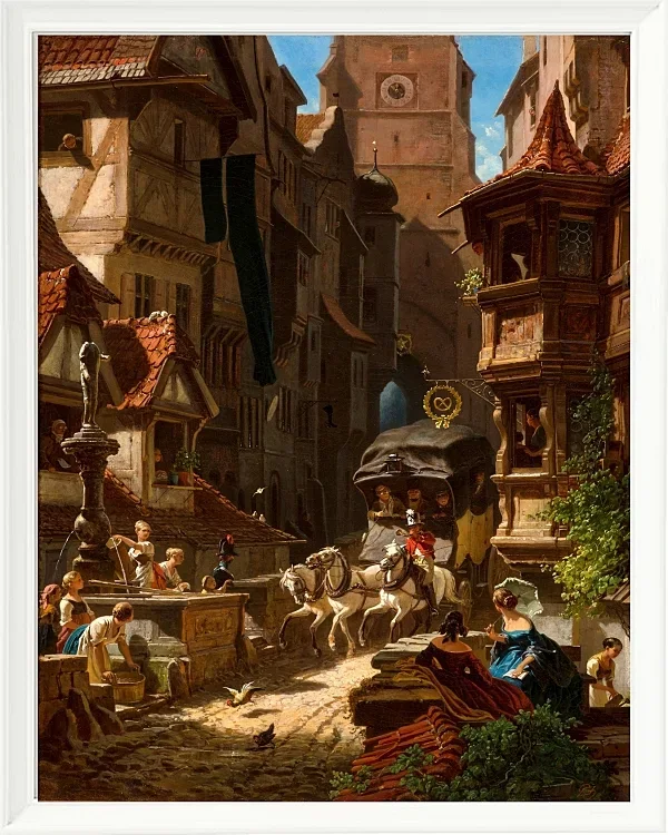 Carl Spitzweg – Die Ankunft der Postkutsche 1859 | Giclée Kunstdruck gerahmt