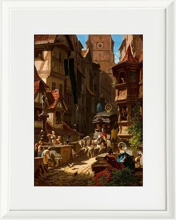 Carl Spitzweg – Die Ankunft der Postkutsche 1859 | Giclée Kunstdruck gerahmt