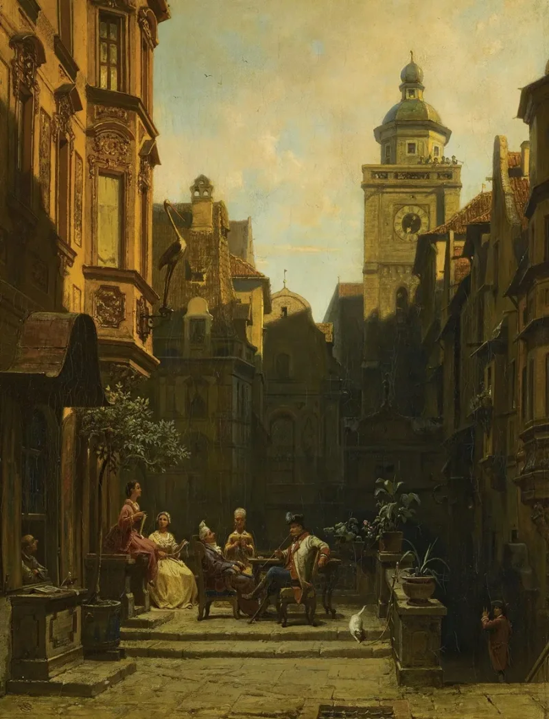 Carl Spitzweg – Die Plauderstunde 1887 | Giclée Kunstdruck gerahmt