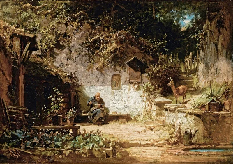 Carl Spitzweg | Einsiedler repariert seine Netze - 1875 | Gerahmter Kunstdruck | Romantik | formida