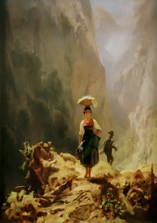 Carl Spitzweg | Dirndl und Jäger im Gebirge - 1872 | Gerahmter Kunstdruck | Romantik | formida