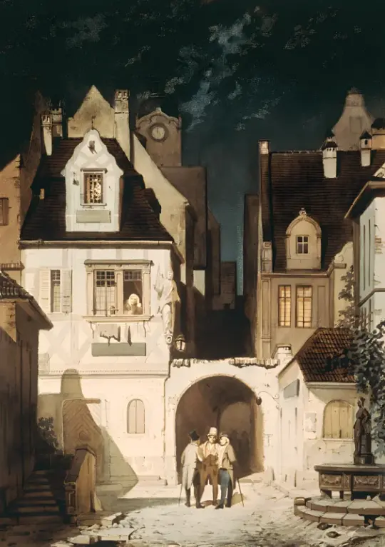 Carl Spitzweg | Ecke einer deutschen Stadt bei Mondlicht - 1870 | Gerahmter Kunstdruck | Romantik | formida