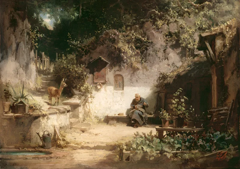 Carl Spitzweg | En hjort besøger en eremit, der laver håndarbejde - 1869 | Indrammet kunsttryk | Romantik | formida