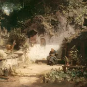 Carl Spitzweg | En hjort besøger en eremit, der laver håndarbejde - 1869 | Indrammet kunsttryk | Romantik | formida