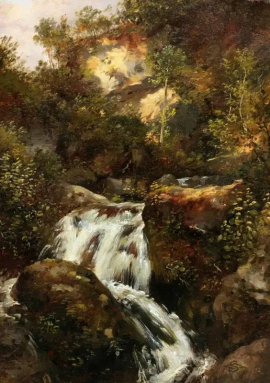 Carl Spitzweg | Felsenstudie mit Wasserfall - 1832 | Gerahmter Kunstdruck | Romantik | formida