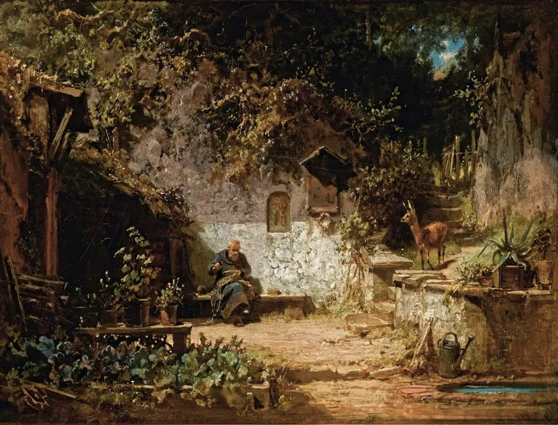 Carl Spitzweg – Einsiedler repariert seine Netze 1875 | Giclée Kunstdruck gerahmt