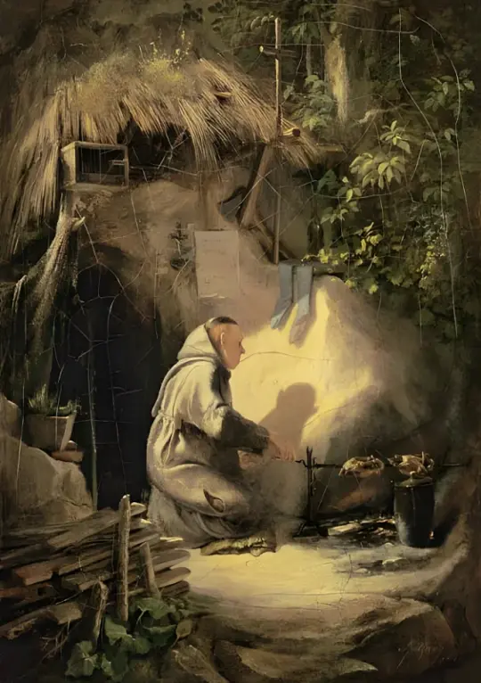 Carl Spitzweg | Eremit, Hühnchen bratend - 1841 | Gerahmter Kunstdruck | Romantik | formida