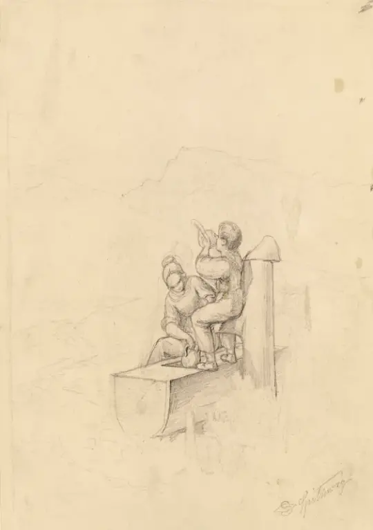 Carl Spitzweg | Pige og dreng ved springvandet - 1850 | Indrammet kunsttryk | Romantik | formida