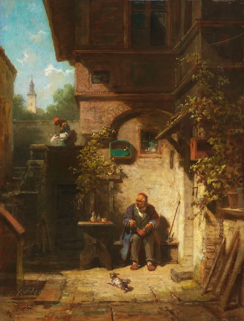 Carl Spitzweg – In Erwartung der Zeitung 1865 | Giclée Kunstdruck gerahmt