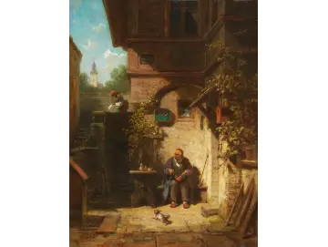 Carl Spitzweg – In Erwartung der Zeitung 1865 | Giclée Kunstdruck gerahmt