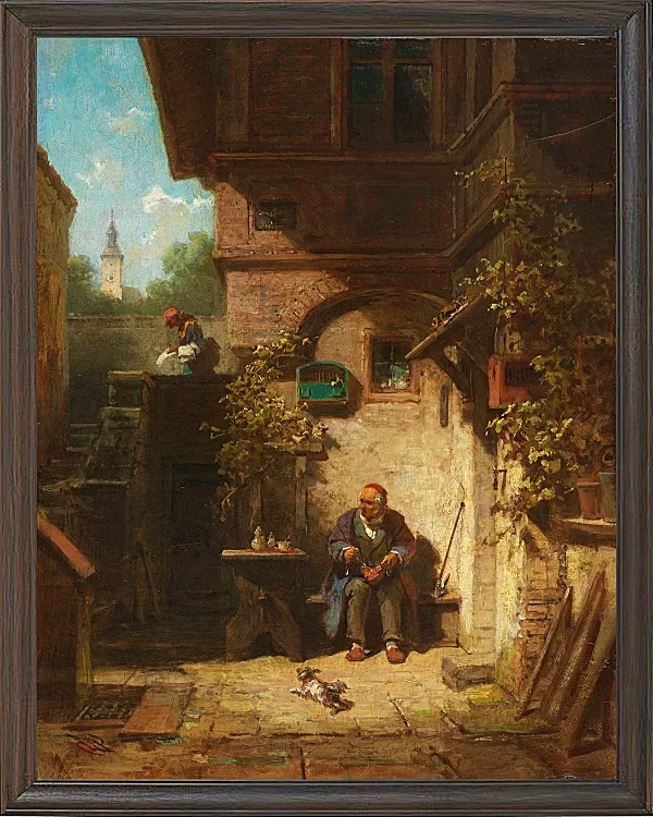 Carl Spitzweg – In Erwartung der Zeitung 1865 | Giclée Kunstdruck gerahmt