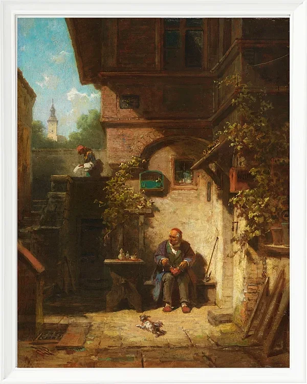 Carl Spitzweg – In Erwartung der Zeitung 1865 | Giclée Kunstdruck gerahmt