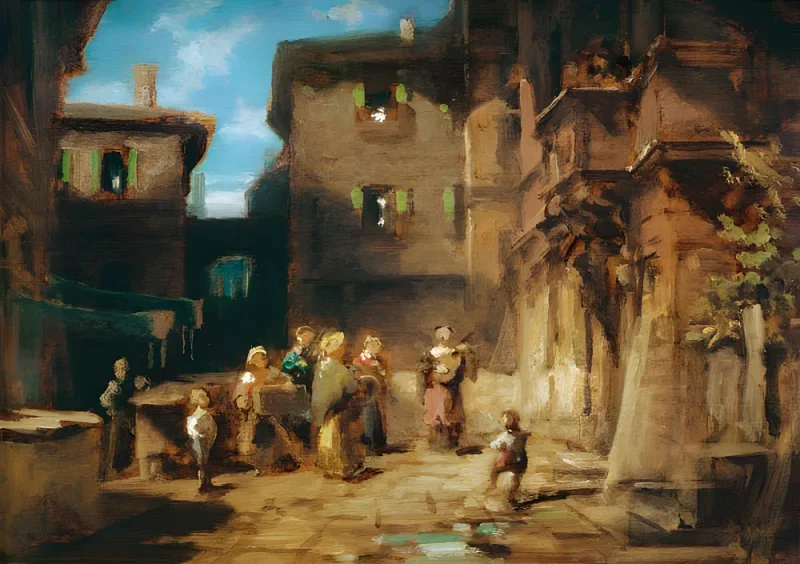 Carl Spitzweg | Gademusikanter - 1845 | Indrammet kunsttryk | Romantik | formida