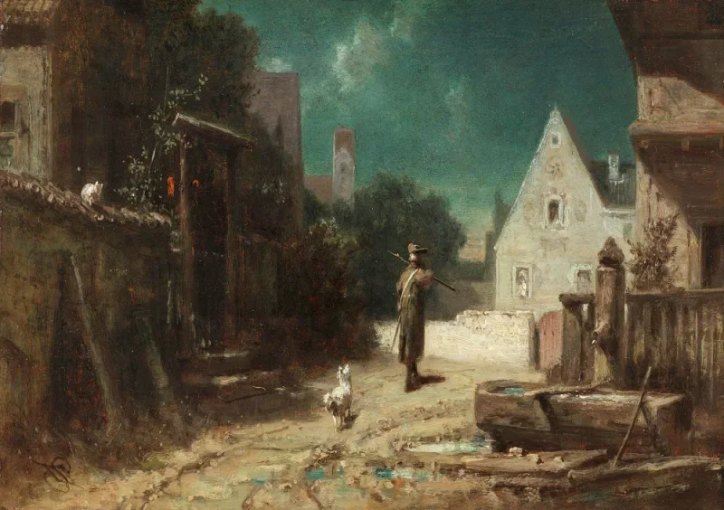 Carl Spitzweg | Nachtwächter bei Mondschein - 1870 | Gerahmter Kunstdruck | Romantik | formida