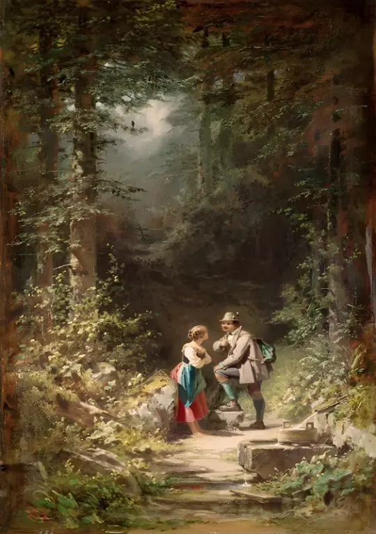 Carl Spitzweg | Jäger und Sennerin am Waldbrunnen - 1860 | Gerahmter Kunstdruck | Romantik | formida