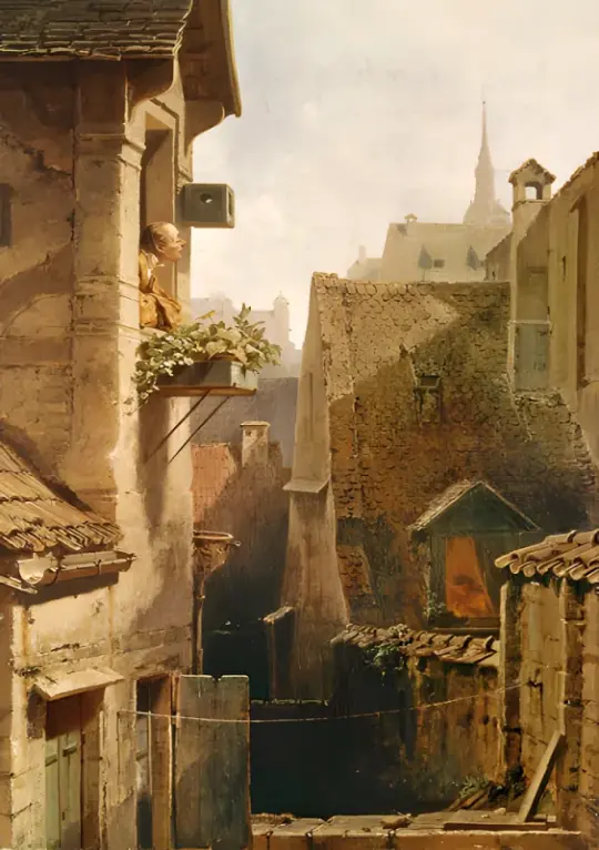 Carl Spitzweg | Dachstubenleben - 1850 | Gerahmter Kunstdruck | Romantik | formida