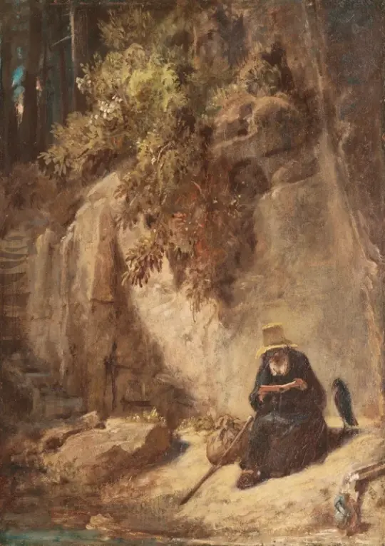 Carl Spitzweg | Læsende eremit med ravne i en kløft - 1835 | Indrammet kunsttryk | Romantik | formida