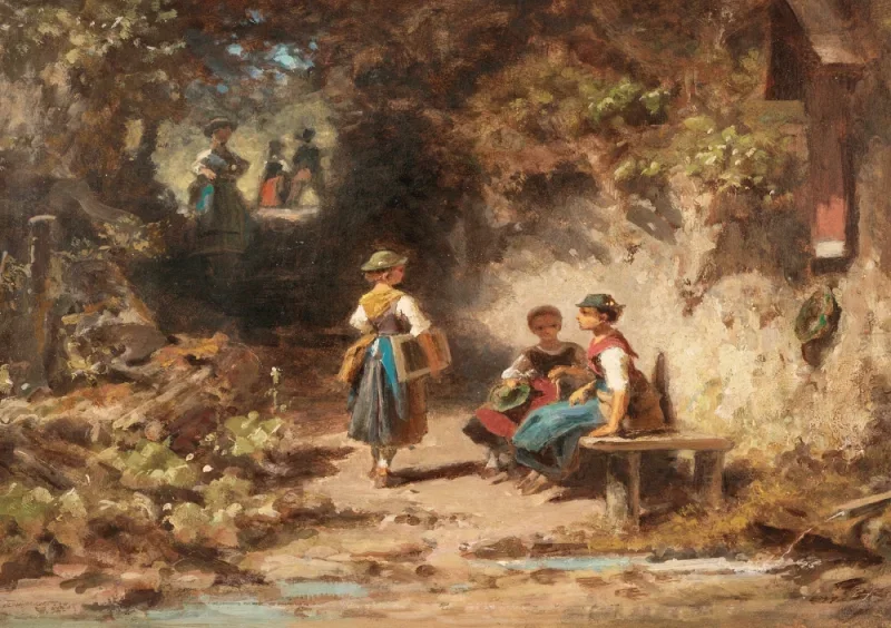 Carl Spitzweg | Schulmädchen im Walde - 1874 | Gerahmter Kunstdruck | Romantik | formida