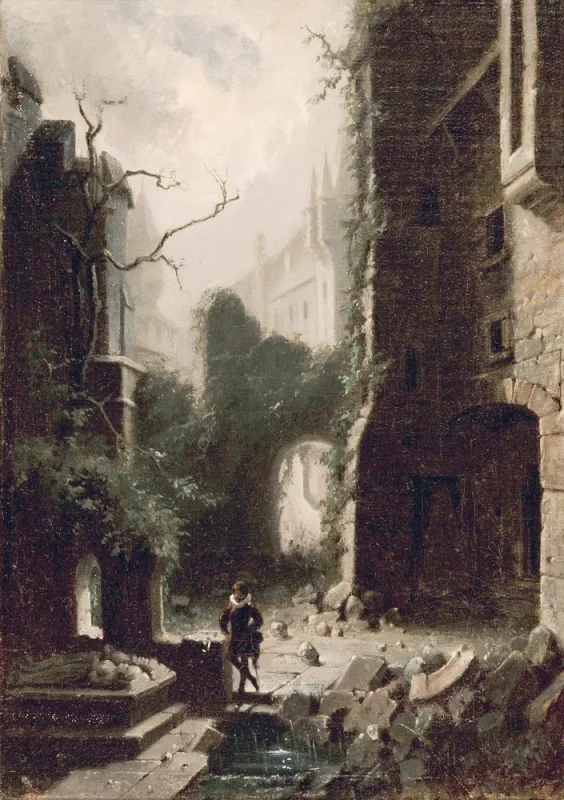 Carl Spitzweg | Måneskinsscene med borgruiner - 1857 | Indrammet kunsttryk | Romantik | formida