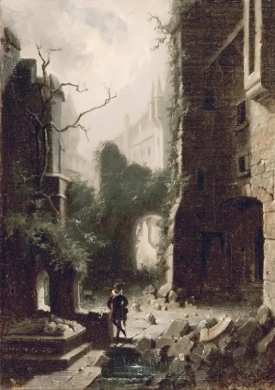 Carl Spitzweg | Måneskinsscene med borgruiner - 1857 | Indrammet kunsttryk | Romantik | formida