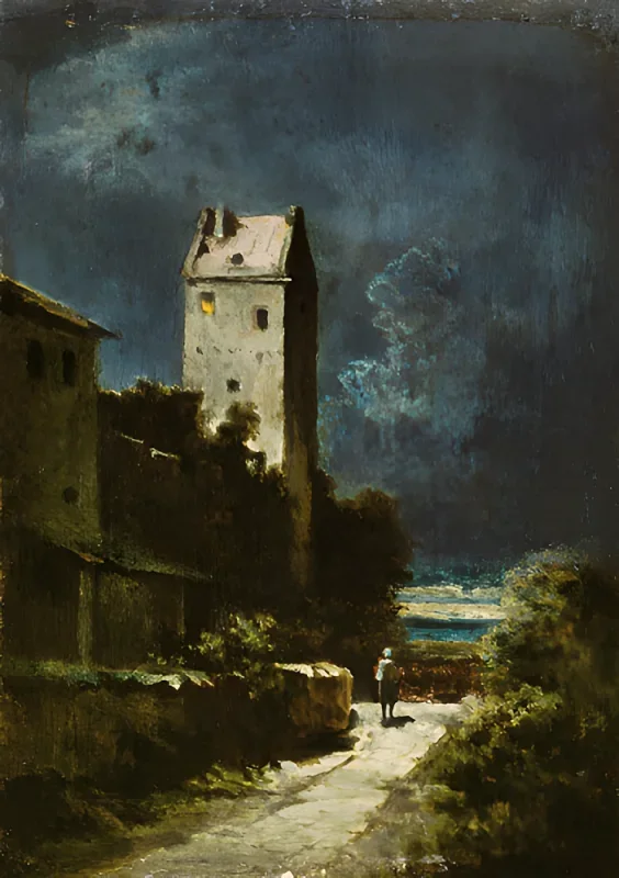 Carl Spitzweg | Nattelandskab med nattevagt - 1875 | Indrammet kunsttryk | Romantik | formida