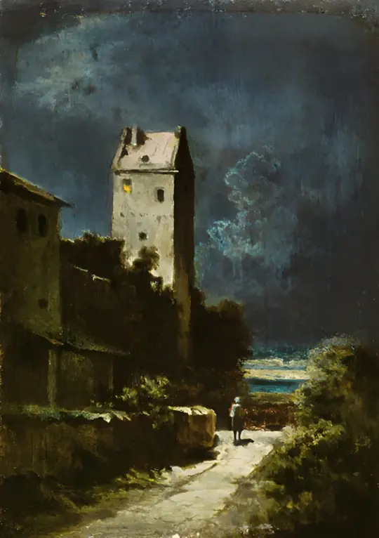 Carl Spitzweg | Nattelandskab med nattevagt - 1875 | Indrammet kunsttryk | Romantik | formida