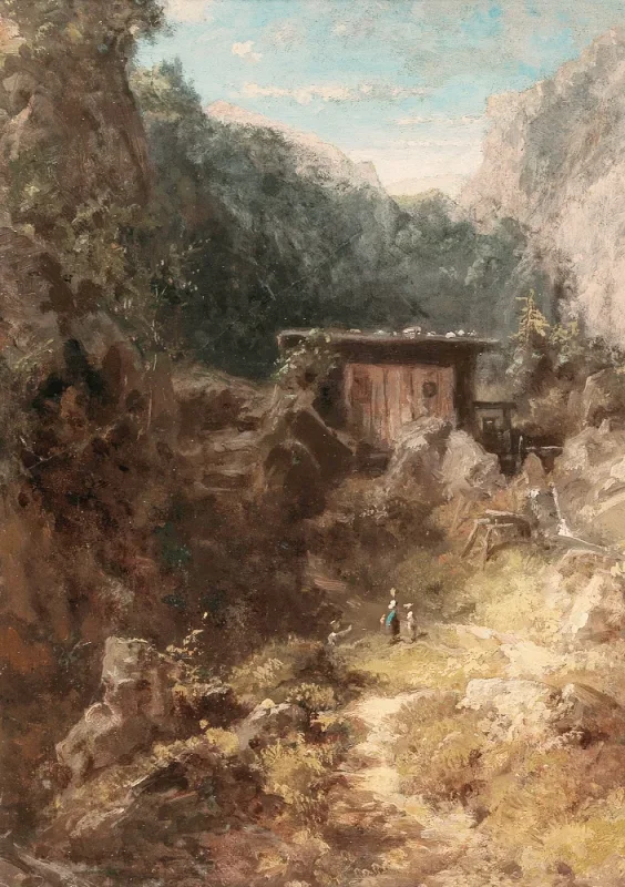 Carl Spitzweg | Mølle i bjergene med tre figurer - 1880 | Indrammet kunsttryk | Romantik | formida