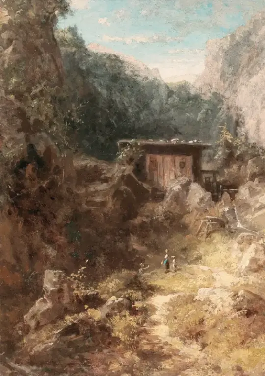 Carl Spitzweg | Mølle i bjergene med tre figurer - 1880 | Indrammet kunsttryk | Romantik | formida