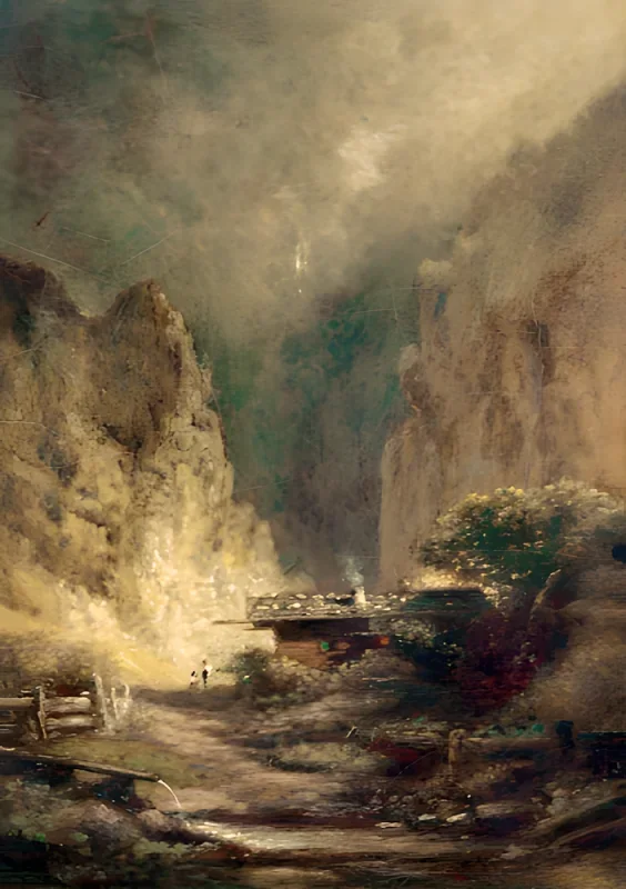 Carl Spitzweg | Mølle foran en klippekløft med to figurer - 1880 | Indrammet kunsttryk | Romantik | formida