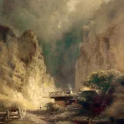 Carl Spitzweg | Mølle foran en klippekløft med to figurer - 1880 | Indrammet kunsttryk | Romantik | formida