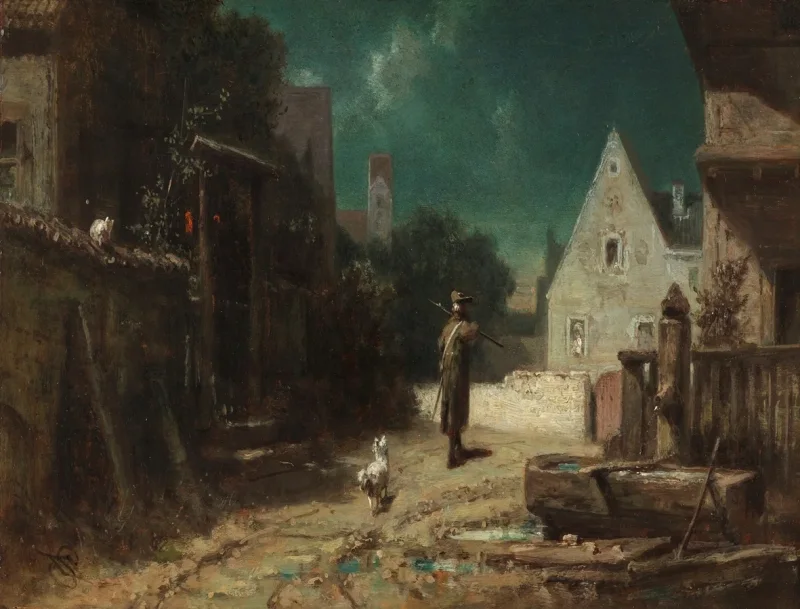 Carl Spitzweg – Nachtwächter bei Mondschein 1870 | Giclée Kunstdruck gerahmt