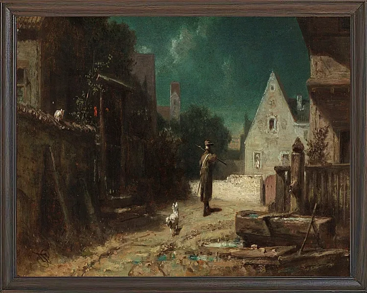 Carl Spitzweg – Nachtwächter bei Mondschein 1870 | Giclée Kunstdruck gerahmt