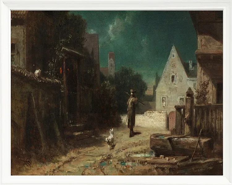 Carl Spitzweg – Nachtwächter bei Mondschein 1870 | Giclée Kunstdruck gerahmt
