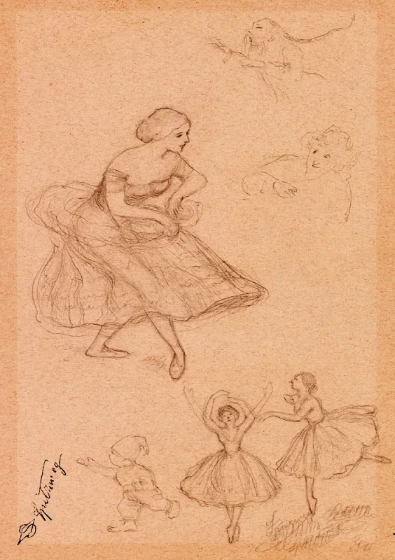 Carl Spitzweg | Studieark med balletdansere og dværge - 1860 | Indrammet kunsttryk | Romantik | formida