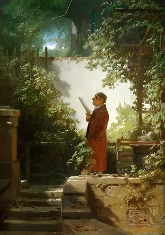 Carl Spitzweg | Zeitunglesen im Garten – 1848 | Gerahmter Kunstdruck | Romantik | formida
