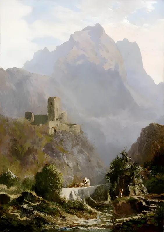 Carl Spitzweg | Romantisk aftenlandskab i Sydtyrol - 1878 | Indrammet kunsttryk | Romantik | formida
