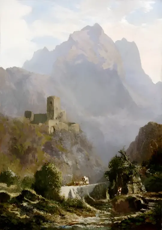 Carl Spitzweg | Romantisk aftenlandskab i Sydtyrol - 1878 | Indrammet kunsttryk | Romantik | formida