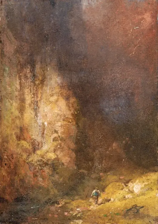 Carl Spitzweg | Vandrere i en bjergkløft under et tordenvejr - 1860 | Indrammet kunsttryk | Romantik | formida