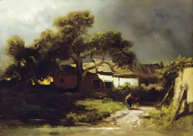 Carl Spitzweg | Gamle gårdhuse - 1870 | Indrammet kunsttryk | Romantik | formida