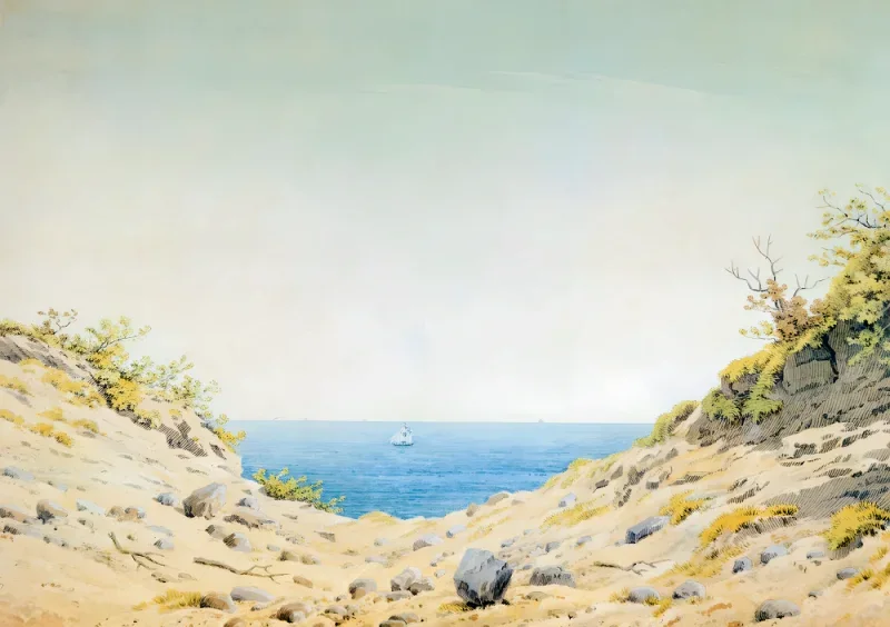 Caspar David Friedrich | Udsigt gennem en lavning i kystlinjen mod havet - 1824 | Indrammet kunsttryk | Romantic | formida