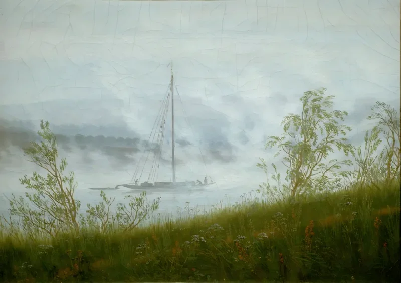 Caspar David Friedrich | Elbe-flodbåd i den tidlige morgentåge - 1821 | Indrammet kunsttryk | Romantic | formida