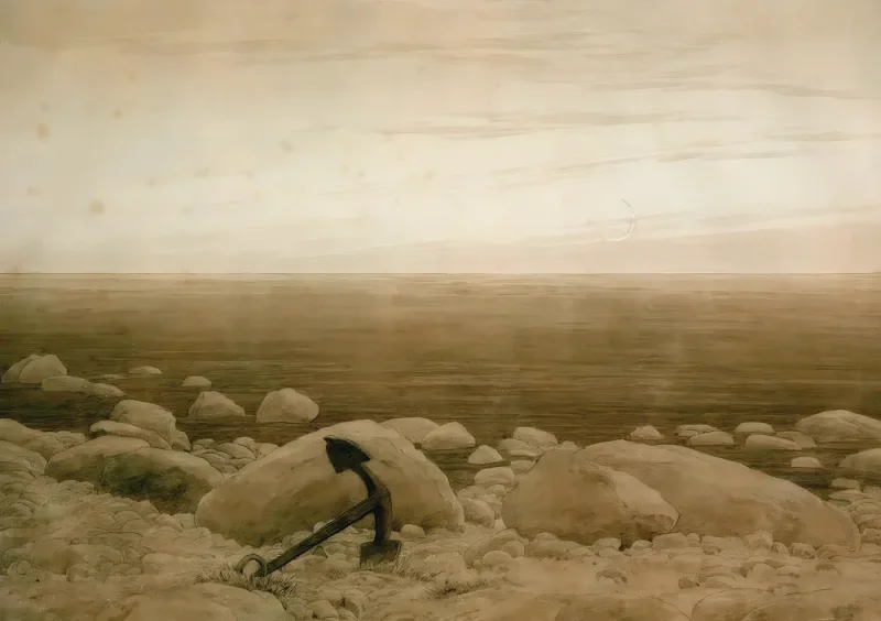 Caspar David Friedrich | Steiniger Strand mit Anker und Mondsichel - 1818 | Gerahmter Kunstdruck | Romantik | formida