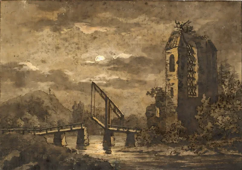 Caspar David Friedrich | Landskab med vindebro og ruiner i måneskin - 1835 | Indrammet kunsttryk | Romantic | formida