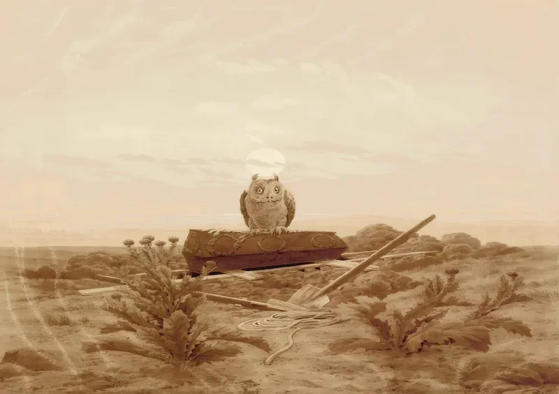 Caspar David Friedrich | Landskab med grav, kiste og ugle - 1836 | Indrammet kunsttryk | Romantic | formida