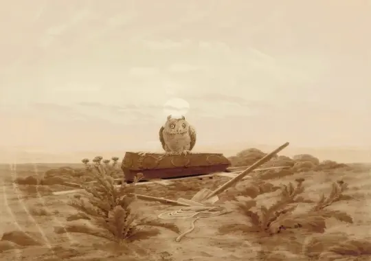 Caspar David Friedrich | Landskab med grav, kiste og ugle - 1836 | Indrammet kunsttryk | Romantic | formida